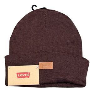 Levi's Beanie Hat Men OS Wine Red NWT Ribbed Knit Cuffed Logo Patch 45LV050015‎
